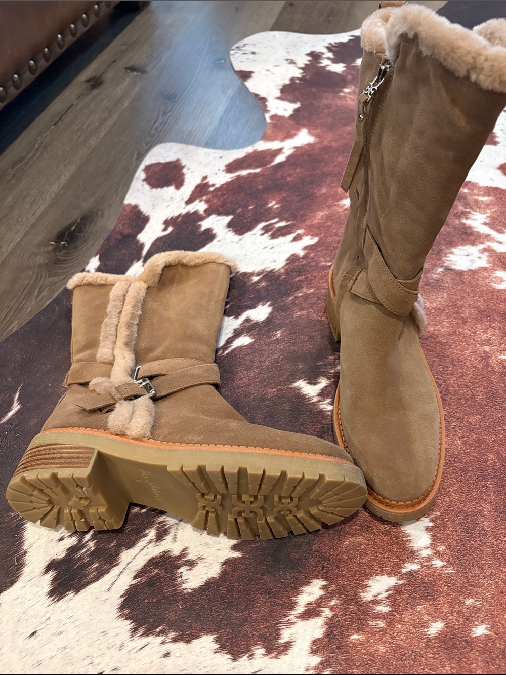 Sam Edelman Tan Suede Shearling-Lined Mid-Calf Boots